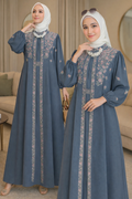 Abaya Bleu Canard Brodée – Élégance Moderne