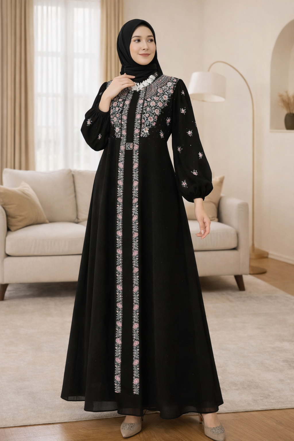 Abaya Noire Brodée Florale – Élégance Intemporelle