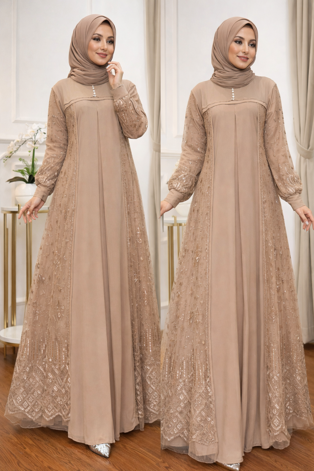 Abaya Argentée en Tulle Brodé – Chic & Raffinement