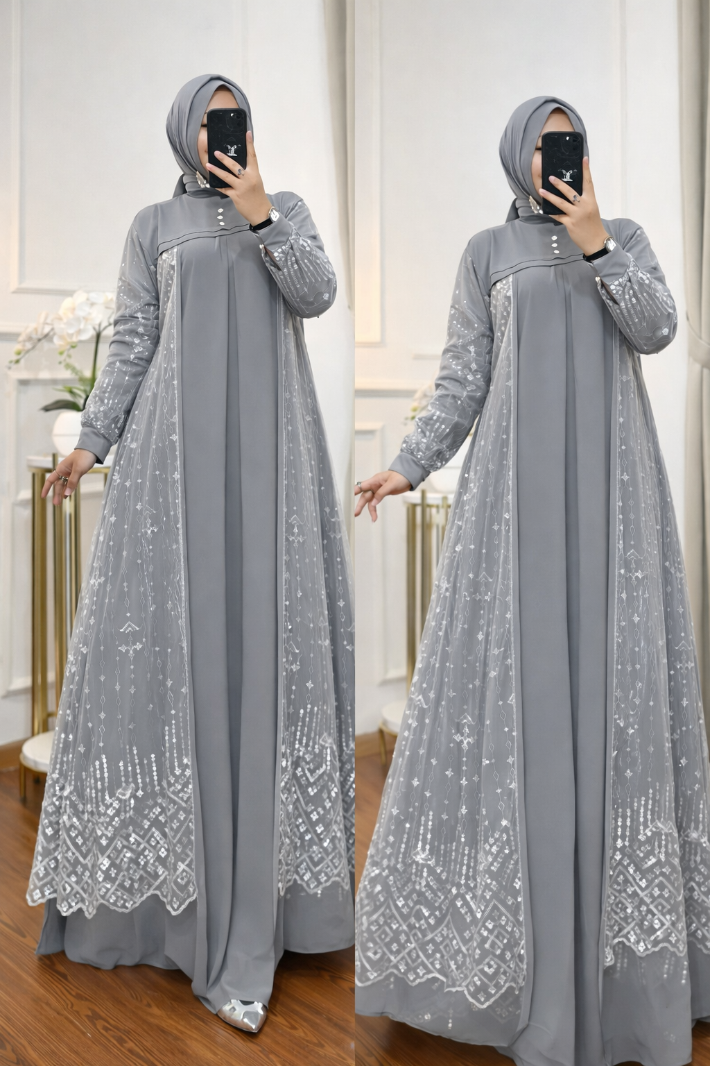 Abaya Argentée en Tulle Brodé – Chic & Raffinement
