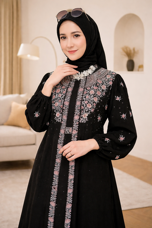 Abaya Bleu Canard Brodée – Élégance Moderne
